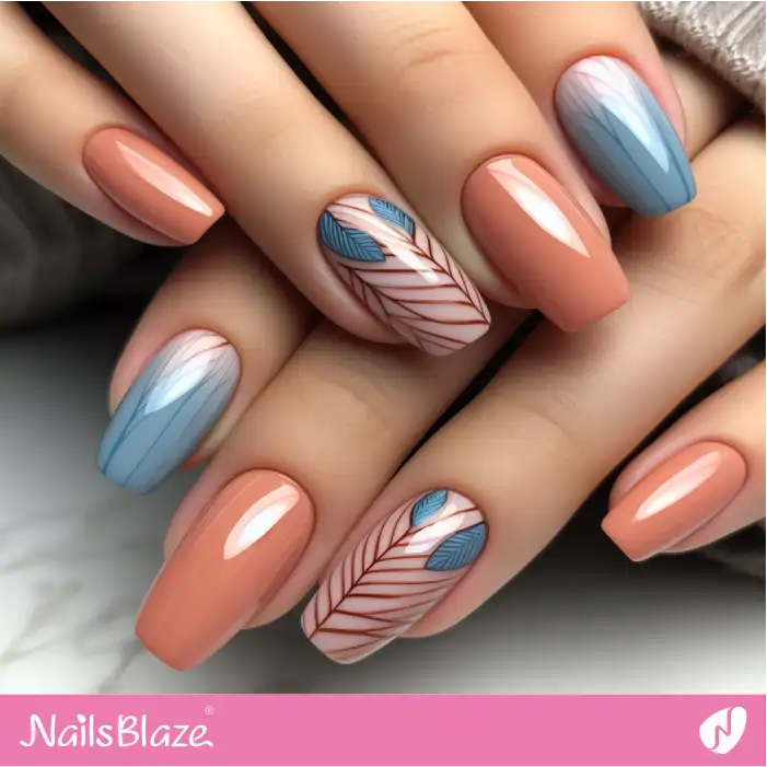 Blue and Peach Fuzz Leaf Nails | Nature-inspired Nails - NB1672